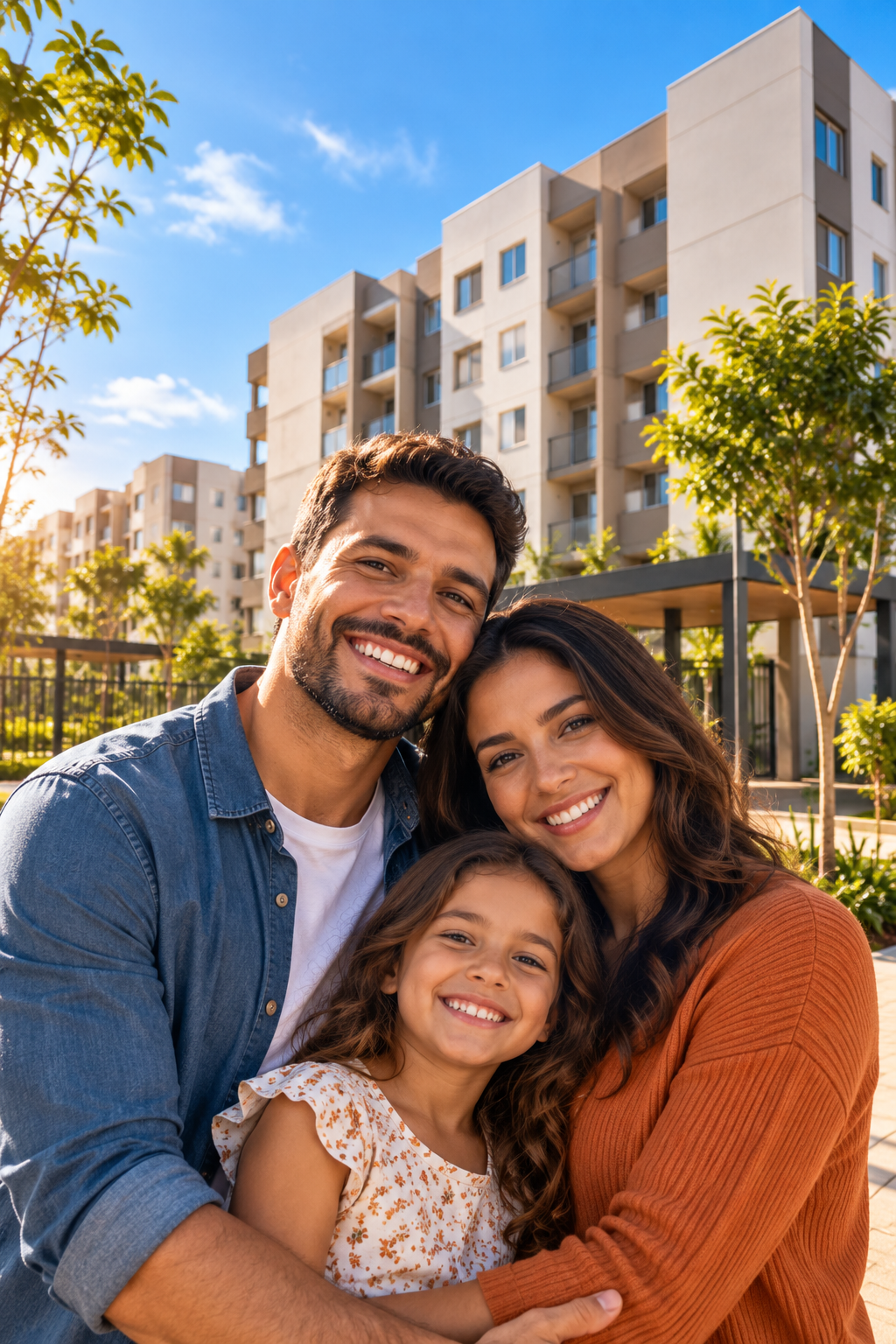 Família em frente a empreendimento residencial